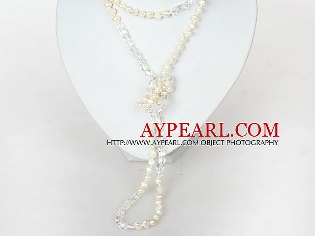 6-7mm Natural White Pearl og Clear Crystal Long Necklace