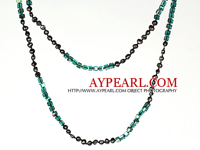 Ожерелье долго стиль 6-7мм Black Pearl и озеро Зеленый Кристалл ожерелье цепь