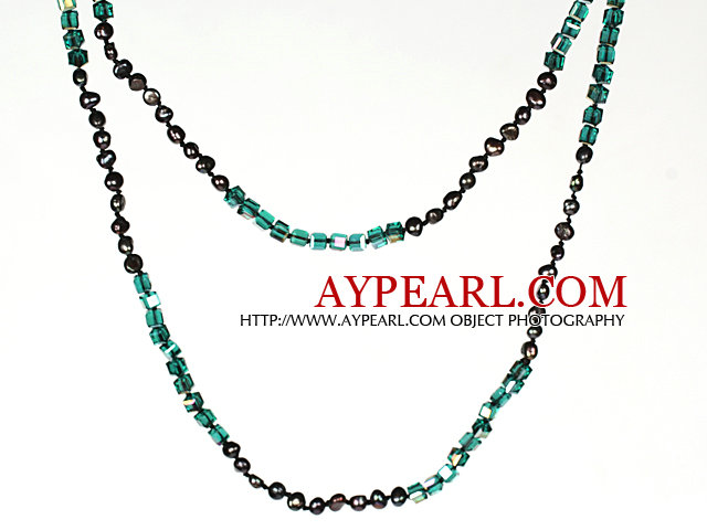 Necklace Long Style 6-7mm Black Pearl and Lake Green Crystal Chain Necklace