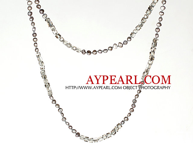 Long Necklace Chain 6-7mm Gray Pearl and Smoky Color Crystal Necklace