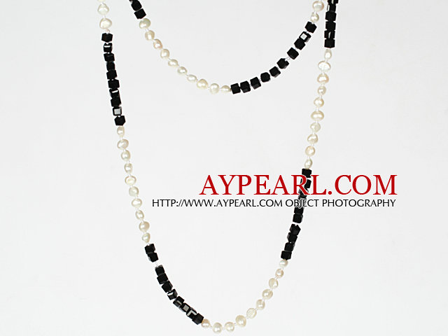 Long Style Necklace 6-7mm White Pearl and Black Crystal Beads Necklace