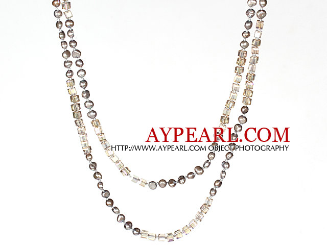 6-7mm graue Perlen und Smoky Farbkristall lange Art-Halskette für Frauen