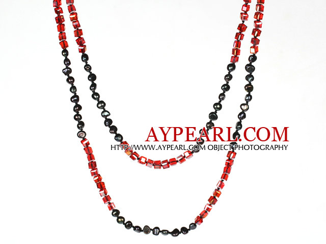 Long Necklace for kvinner 6-7mm Black Pearl og Red Crystal Halskjede