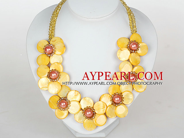 Yellow Color Crystal and Shell Flower Party Necklace