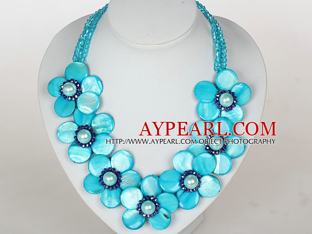 Sky Blue Color Crystal och Shell Flower Party halsband