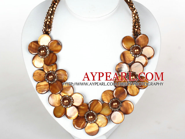 Brown Color Crystal and Shell Flower Party Necklace