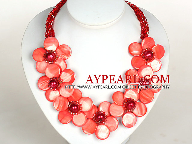 Watermelon Red Color Crystal and Shell Flower Party Necklace