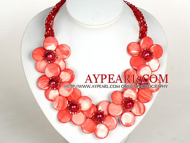 Cristal rouge couleur pastèque et Shell Collier Parti fleurs