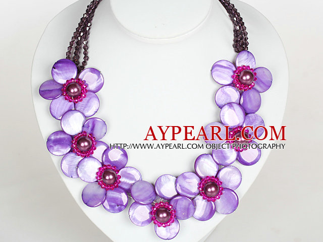 Purple Color Crystal and Shell Flower Party Necklace