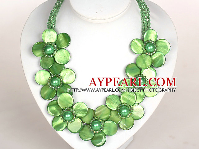 Green Color Crystal and Shell Flower Party Necklace