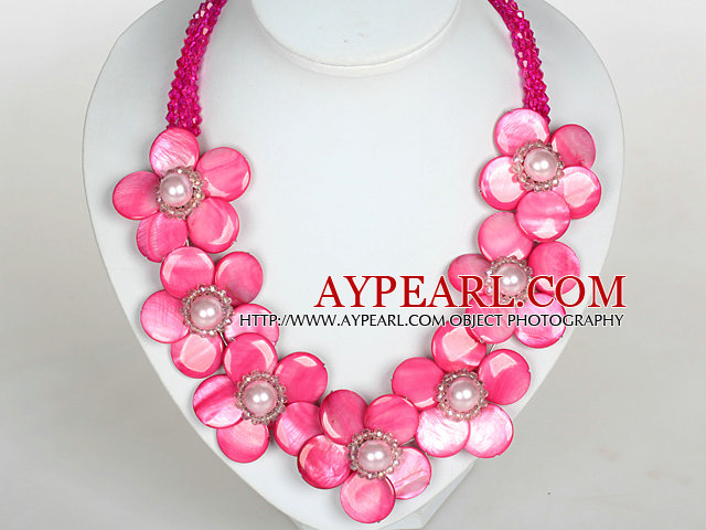 Hot Pink Color Crystal and Shell Flower Party Necklace