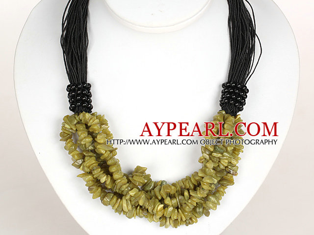 Bold Necklace Multi Strands Olive Jade Chips Necklace