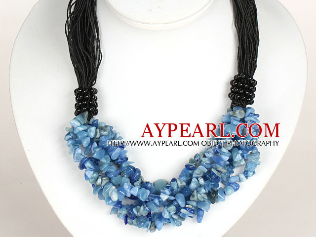 Bold Necklace Multi Strands Blue Ore Stone Chips Necklace