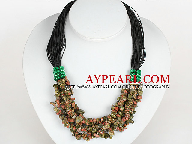 Bold Necklace Multi Strands Green Piebald Stone Chips Necklace