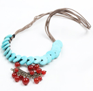 Chic Style Flat rund turkos ljuskrona Shape Red Agate pärlor hängande halsband med brunt läder