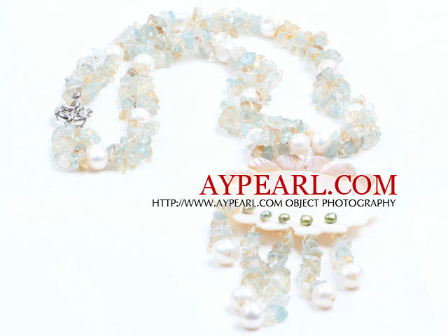 Chic stil Natursötvattenspärla Citrin Aquamarine chips Tassel Halsband med Sun Flower Shell Pendant