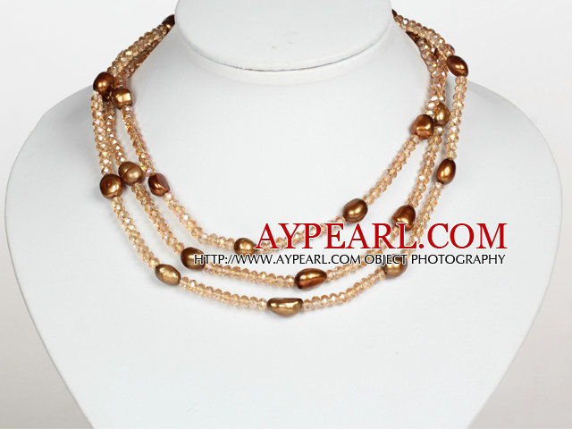 Brown Color Baroque Pearl Crystal Long Style Necklace