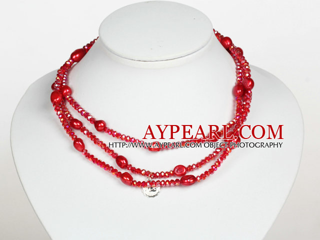 Light Red Color Baroque Pearl Crystal Long Style Necklace