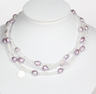 Clear Crystal and Violet Baroque Pearl Long Style Necklace