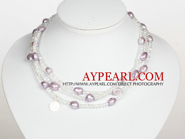 Clear Crystal og Violet Baroque Pearl Long stil halskjede