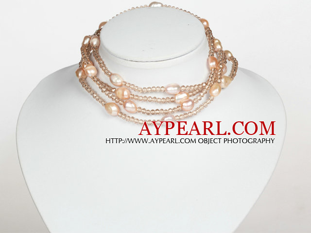 Baby Pink Color Baroque Pearl Crystal Long Style Necklace