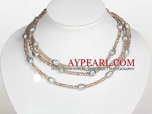 Gray Color Baroque Pearl Crystal Long Style Necklace