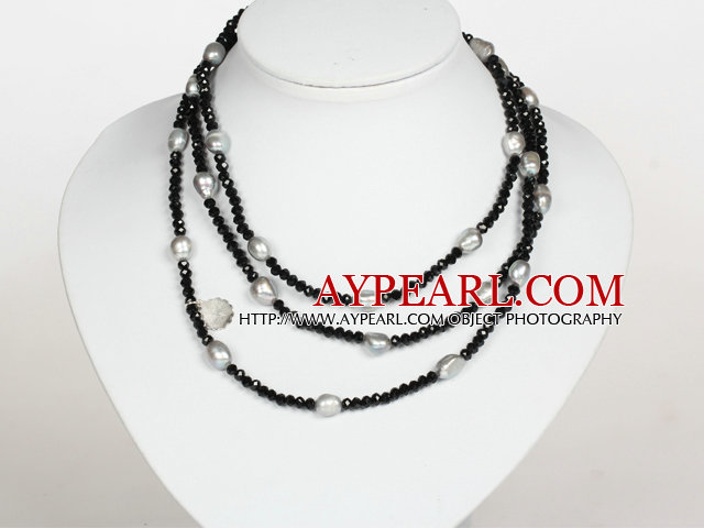 Schwarz Farbe Barocke Perle Kristall Lange Art-Halskette