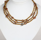 Golden Brown Color Baroque Pearl Crystal Long Style Necklace