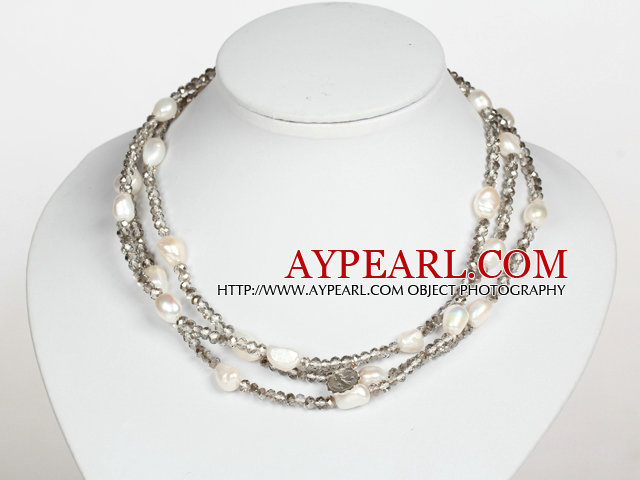 White Baroque Pearl and Gray Crystal Long Style Necklace