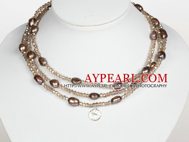 Light Brown Color Baroque Pearl Crystal Long Style Necklace