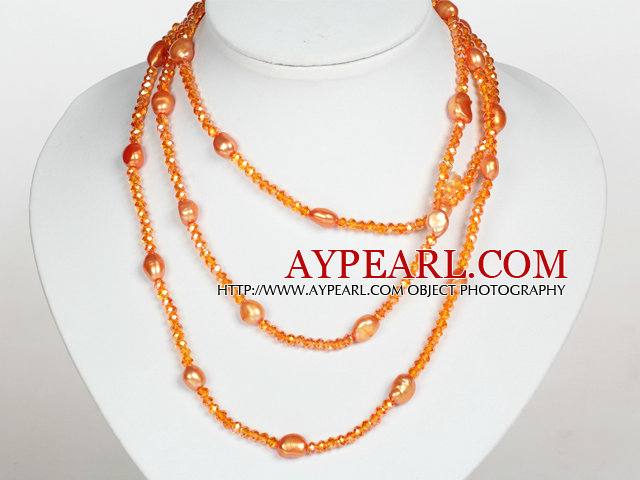 Orange Color Baroque Pearl Crystal Long Style Necklace