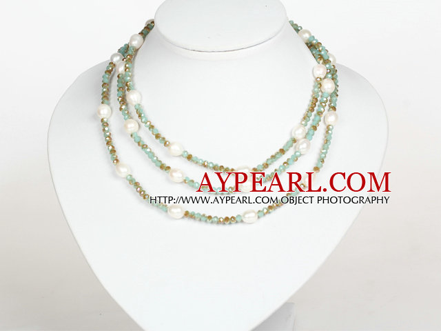 White Baroque Pearl and Light Blue Crystal Long Style Necklace