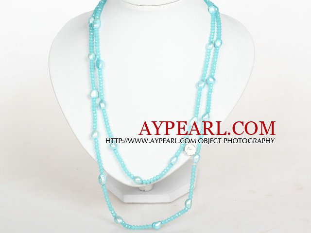 Light Blue Baroque Pearl Crystal Long Style Necklace