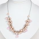 Wholesale Pink Series Pink Freshwater Pearl and Rose Quartz Crystal Necklace with Metal Chain