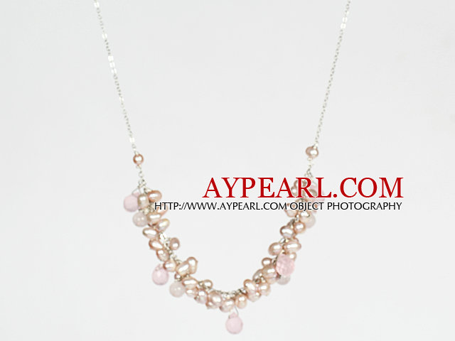 Pink Series Pink Freshwater Pearl and Rose Quartz Crystal Necklace with Metal Chain