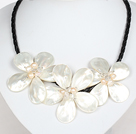 White Pearl Crystal and Shell Flower Necklace with Magnetic Clasp