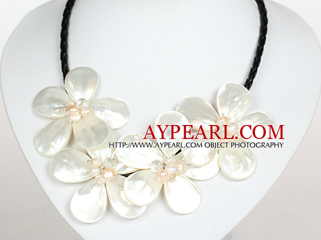 White Pearl Crystal and White Shell Flower Necklace with Magnetic Clasp