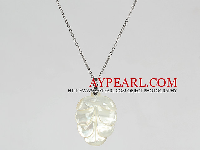 White Sea Shell Leaf Pendant Necklace with Metal Chain