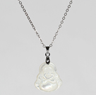 White Sea Shell Laugh Buddha Pendant Necklace with Metal Clasp