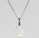 Wholesale White Sea Shell Laugh Buddha Pendant Necklace with Metal Clasp