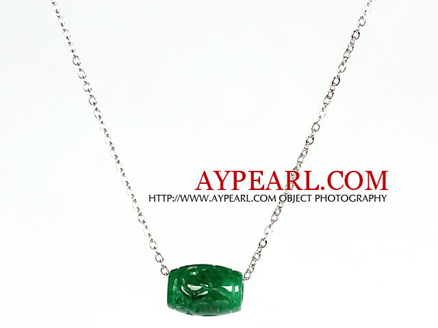 Drum Shape Green Gemstone Pendant Necklace with Metal Chain