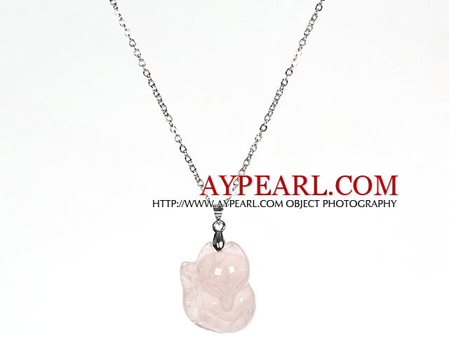 Rose Quartz Fox Pendant Necklace with Metal Chain