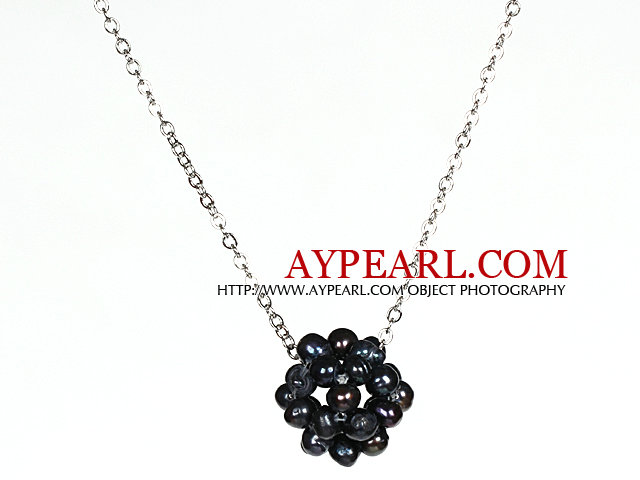 Natural Black Freshwater Pearl Ball Pendant Necklace with Metal Chain