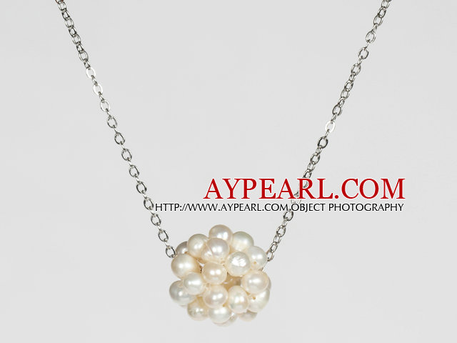 Natural White Freshwater Pearl Ball Pendant Necklace with Metal Chain