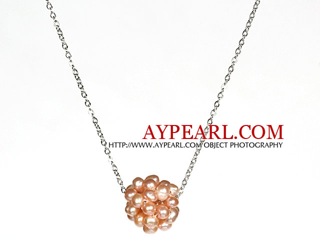 Natural Pink Freshwater Pearl Ball Pendant Necklace with Metal Chain