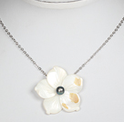 Black Pearl and White Shell Flowe Pendant Necklace with Metal Chain