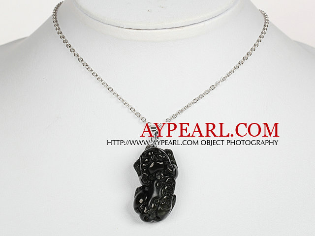 Obsidian Pixiu Pendant Necklace with Metal Chain