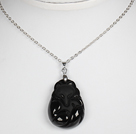 Obsidian Fox Pendant Necklace with Metal Chain