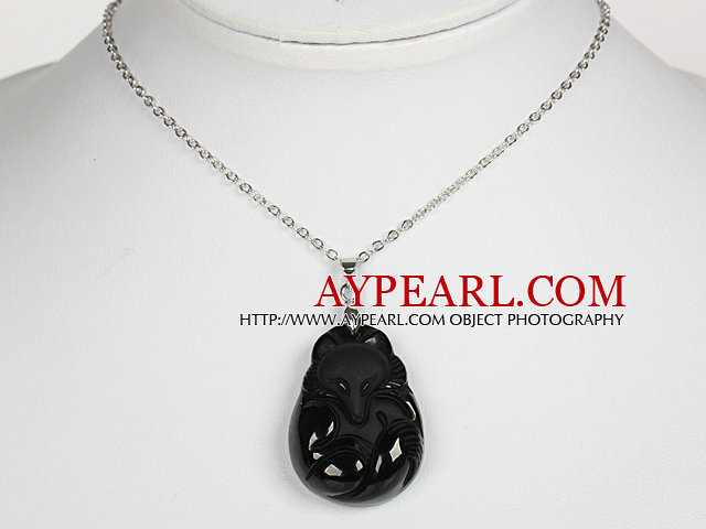 Obsidian Fox Pendant Halsband med metallkedja