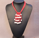 Popular Hot Sale Natural White Freshwater Pearl Red Leather Tassel Necklace